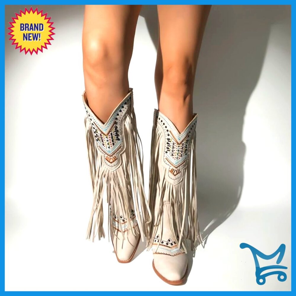 Women's Cream Fringe Western Knee-High Heeled Boot with Turquoise Accents - Picture 4 of 7